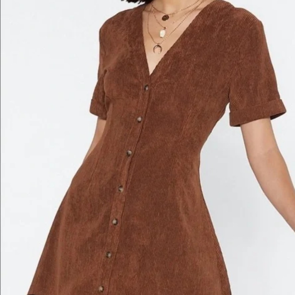 Nasty Gal Brown Corduroy Midi Dress, Size 10, Pre-Owned.